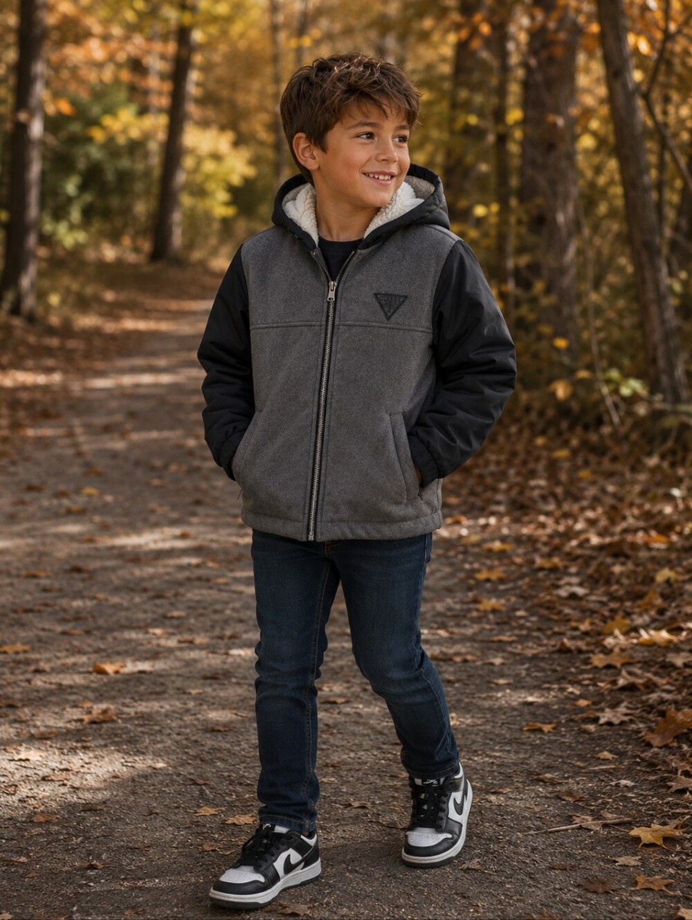 Guess Boys Sherpa Hooded Jacket Size 8 Gray Black Zip Winter Coat Fleece Lined